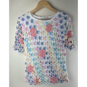 Rainbow Cottagecore Granny Square Crocheted Flowers Country Shirt Sz L/XL